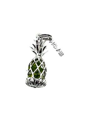 Vintage Silver Pineapple Charm/ Small Pendant with Green Glass Beads Hawaii